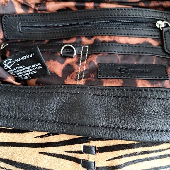 B MAKOWSKI Calf Hair Tan Black Zebra Fringe Leather Hobo Shoulder Bag EUC - Picture 9 of 10